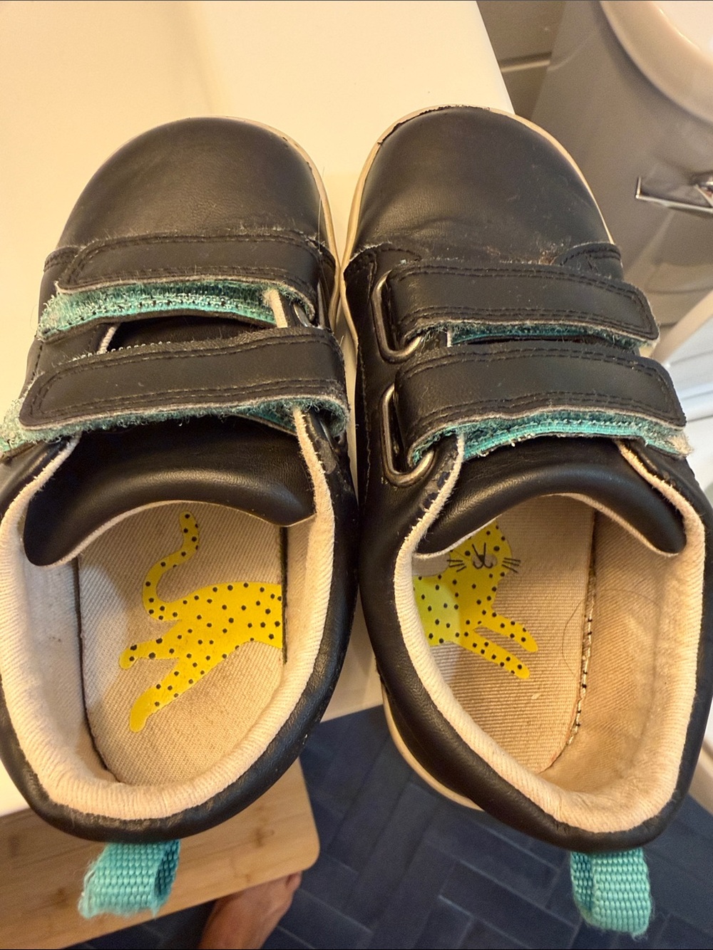 Kids Black Sneakers with Teal Trim and Double Velcro Straps